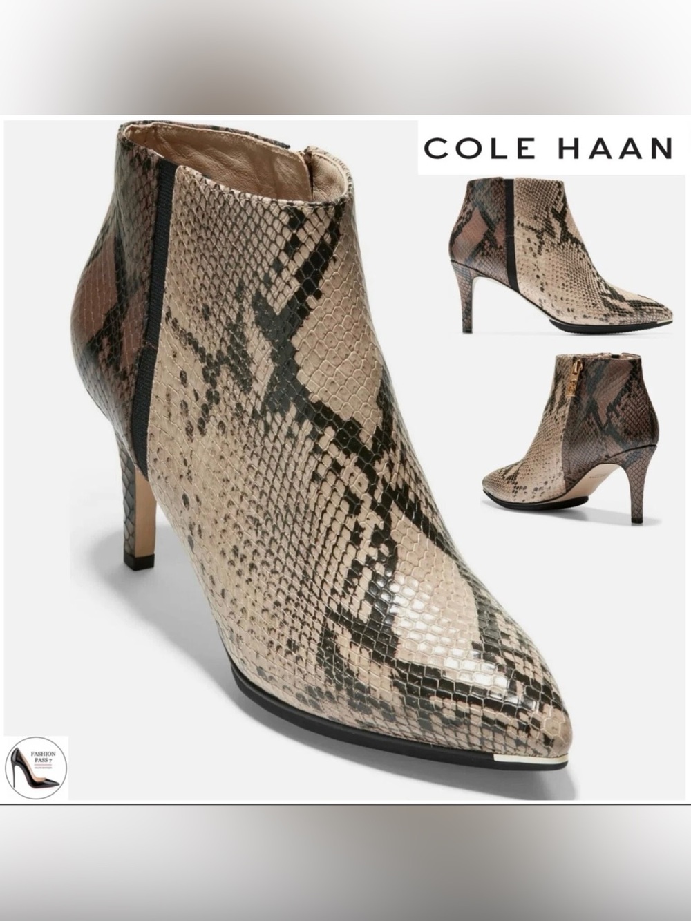 Cole Haan Taupe Snake-Print Leather Pointed-Toe Ankle Booties